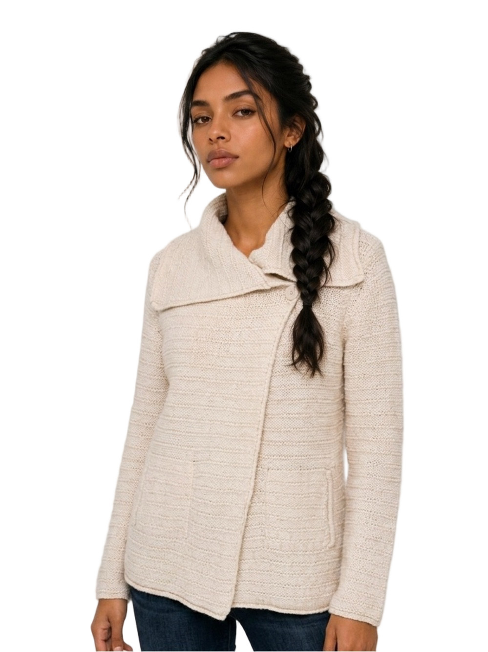 EDDIE BAUER Sweater Cross Front Warm Collar Pockets Creamy Beige Women Size L